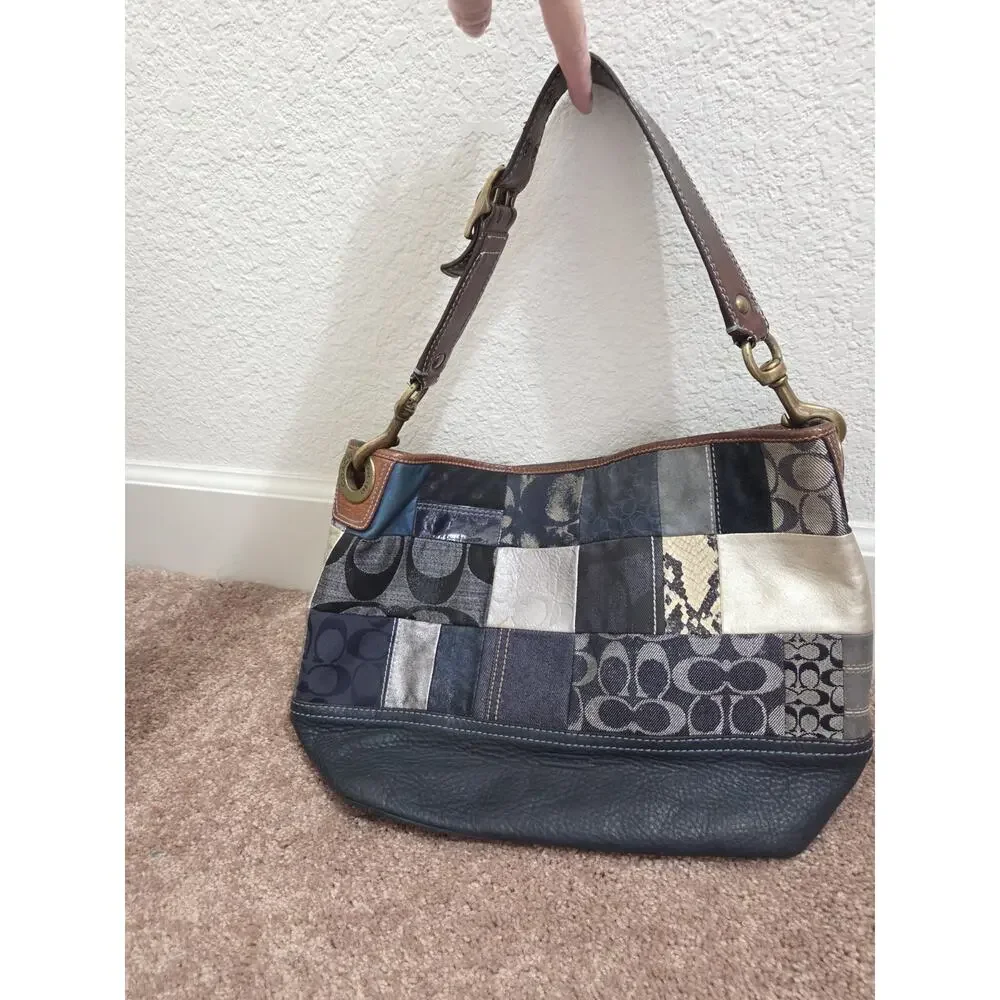 Coach Vintage B063-10003 Indigo Denim Blue Patchwork Leather Mixed Media Handbag
